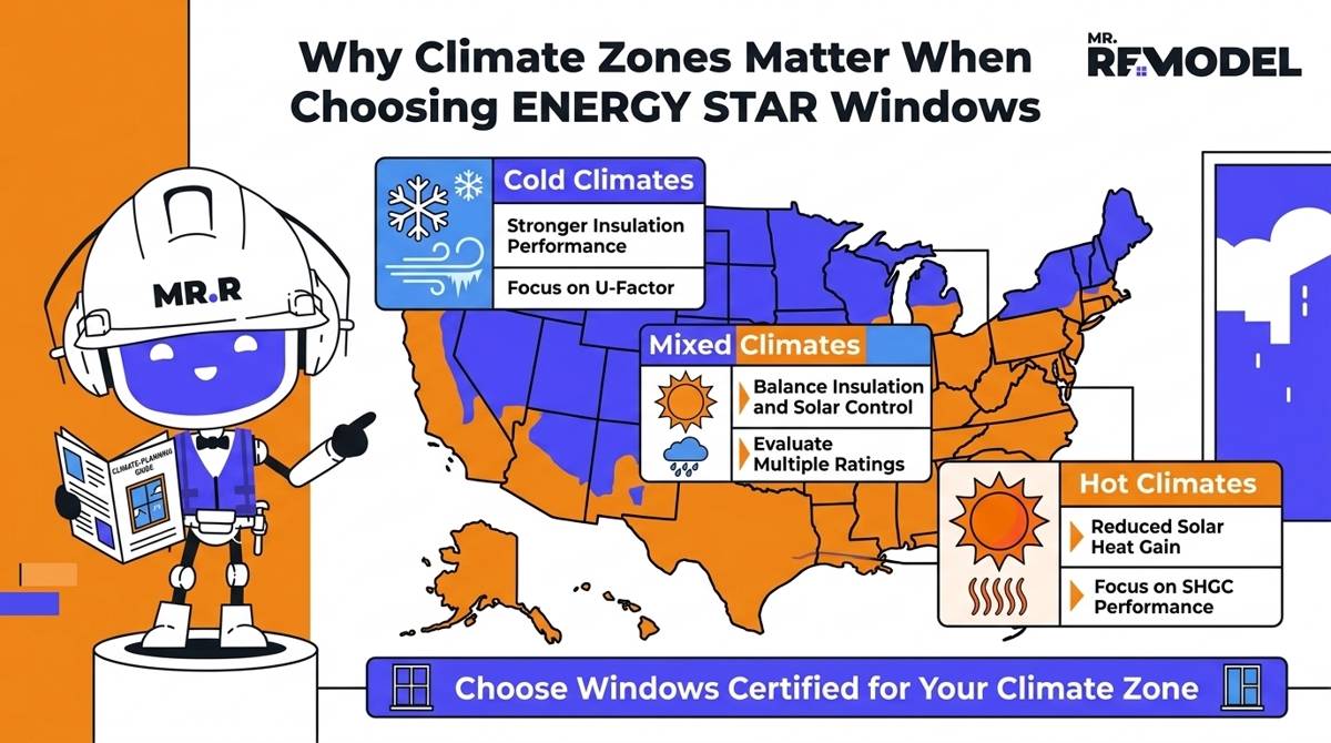 Climate-zone infographic explaining why ENERGY STAR window requirements vary by region and climate.